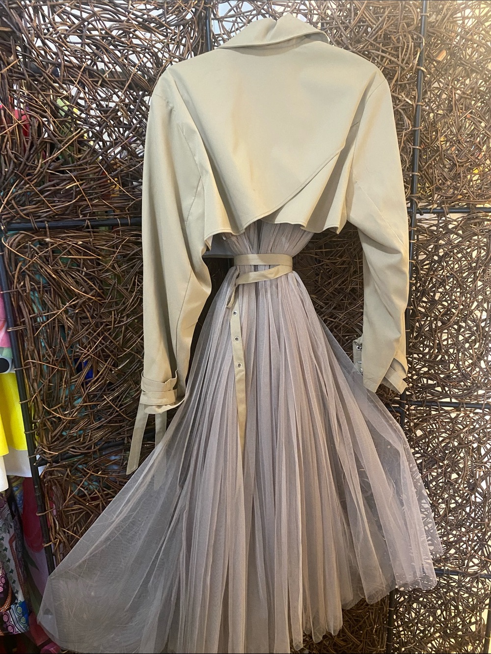 Beige Trench Coat with Tan Tulle Panels - Picture 3 of 3